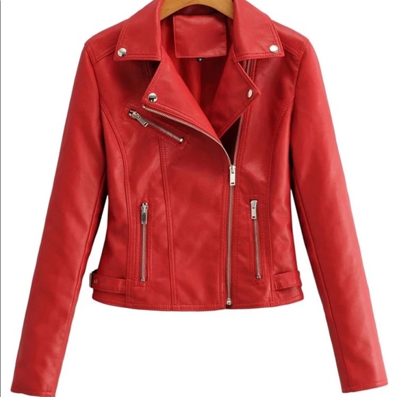 Vegan leather jacket zipper arms glam classic moto red - Picture 1 of 11